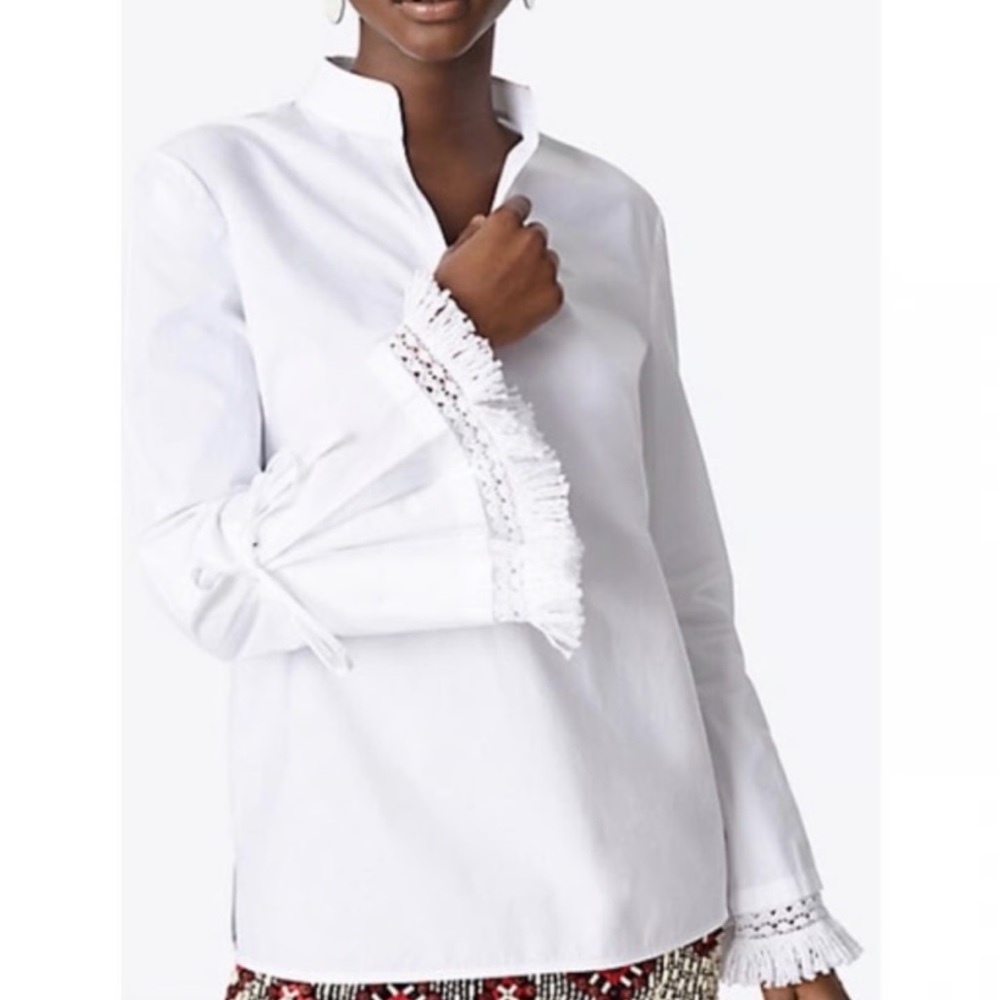 Tory Burch White Long Sleeve Fringe Blouse Size 0
